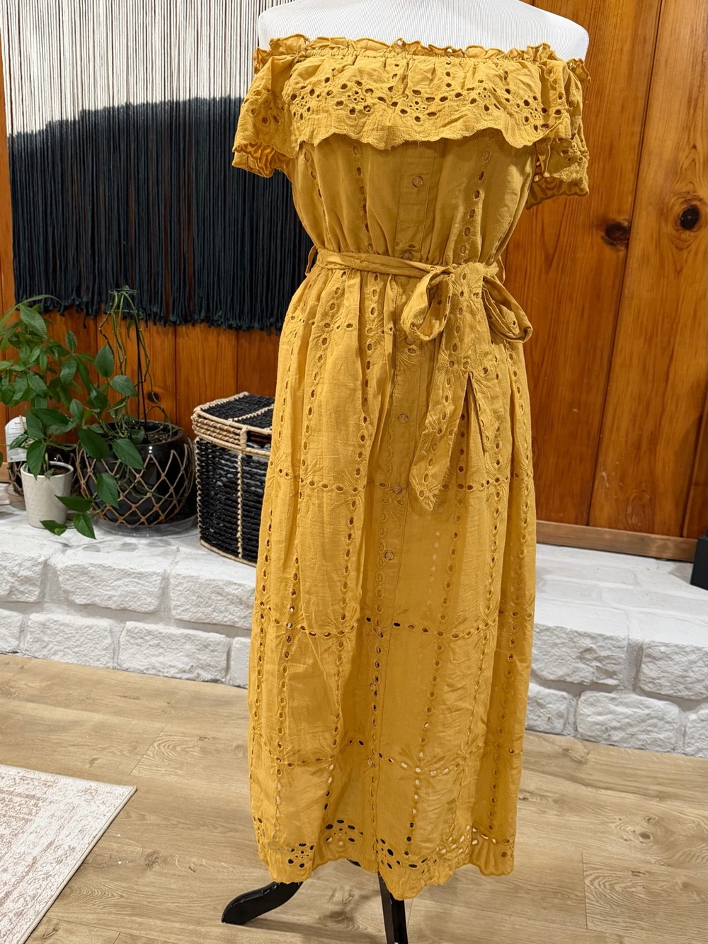 Mustard Off-Shoulder Eyelet Midi Dress with Waist Tie